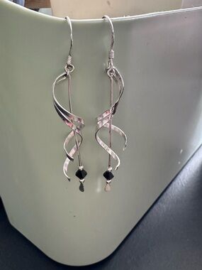 Sterling Silver Twisted Drop Earrings with Black Crystal Beads